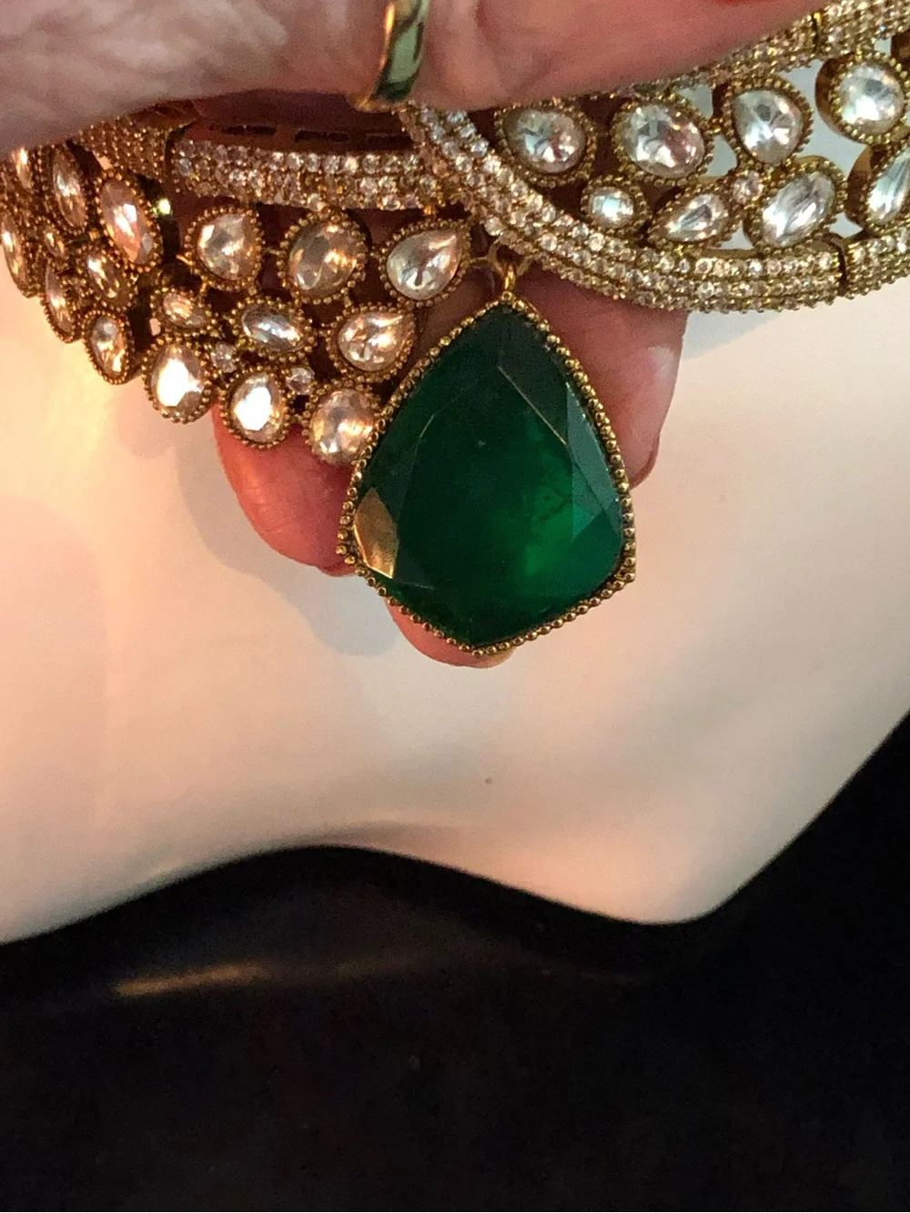 MIDEASTERN, EGYPTIAN Teardrop EMERALD Gold-Tone Necklace Pendant